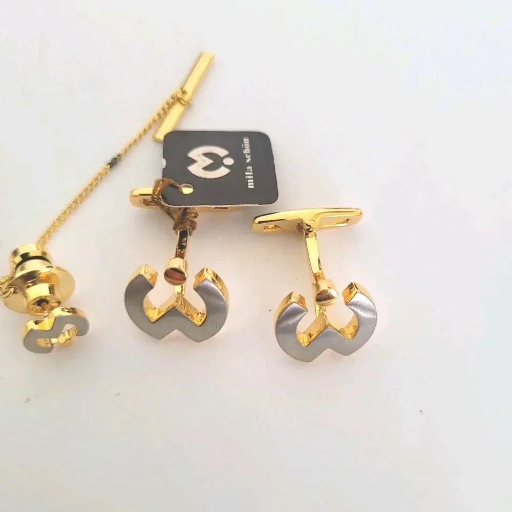 Mila Schon M Logo Tie Pin Clip‎ Cufflinks Set Gold Silver Tone Designer New